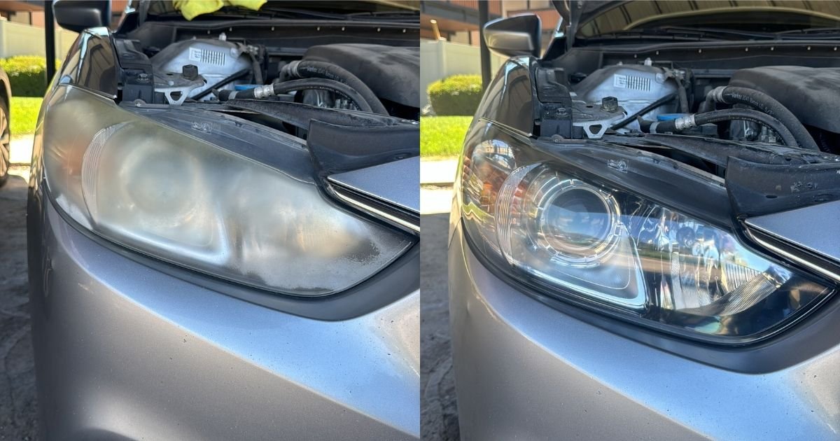 Before and after mobile headlight restoration by Cleaner Bros Detailing in Utah County