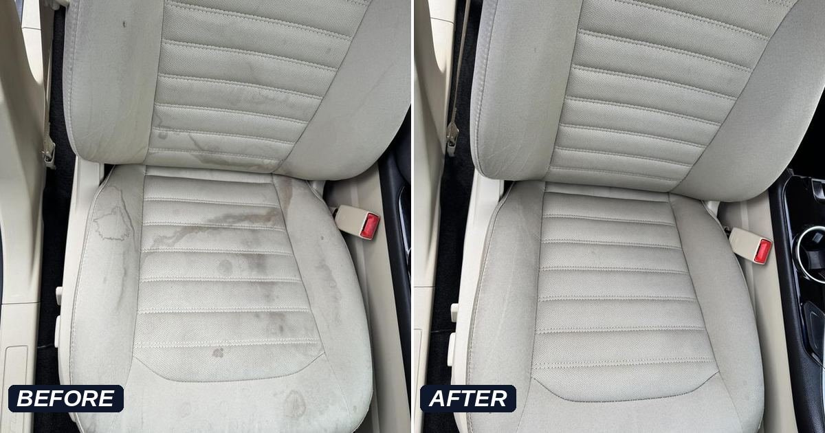Stained cloth car seat before and clean seat after car seat shampoo by Cleaner Bros in Utah County