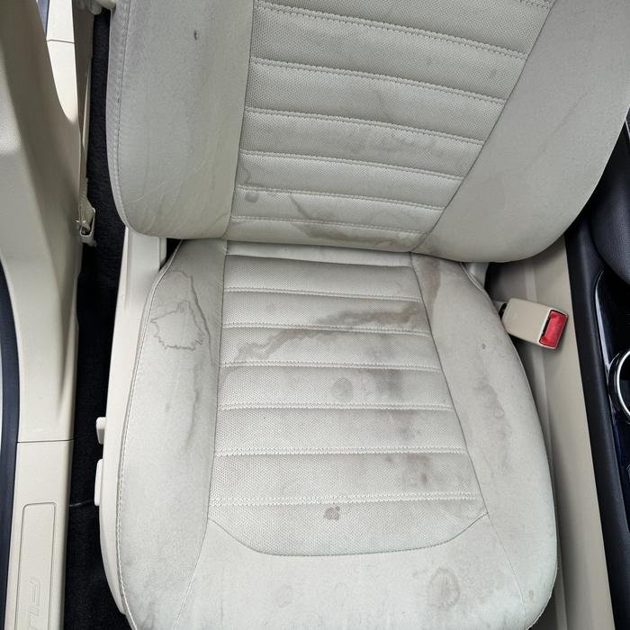 Ford Fusion front seat with water and drink stains before shampoo