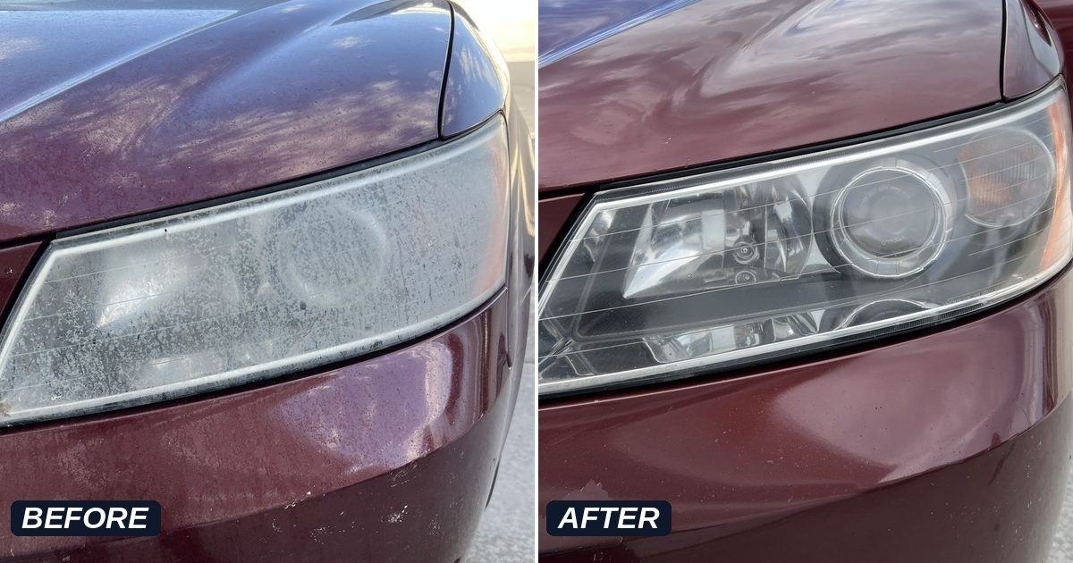 Cloudy, oxidized headlight before and clear headlight after restoration by Cleaner Bros in Utah County